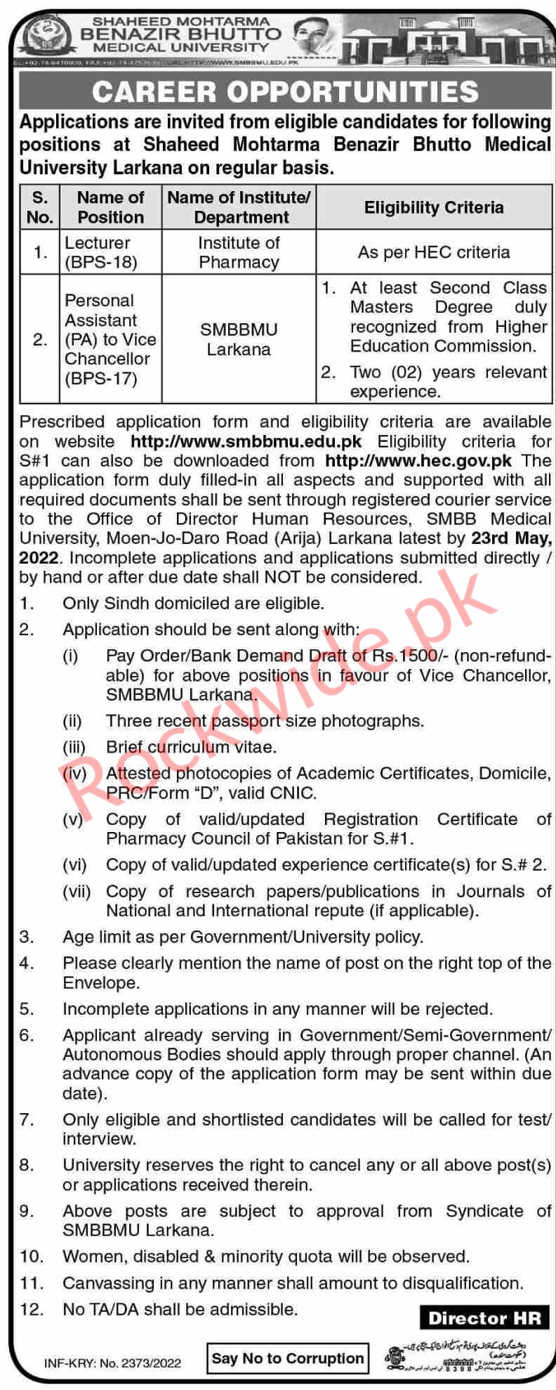 Shaheed Benazir Bhutto Medical University Jobs